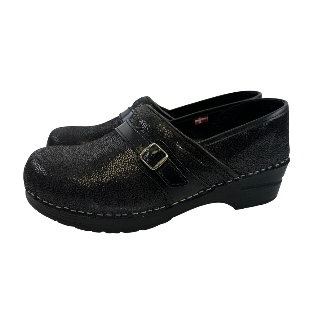 Sanita Clog Black Leather Textured Slip On Buckle Comfort Womens Size 41 US 10
